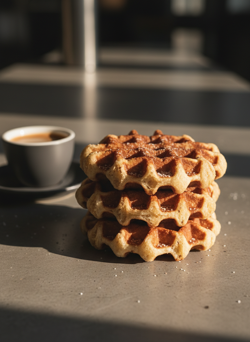 A close-up of a single authentic Belgian Liège waffle, surface glistening with molten pearl sugar and finished with a fine dusting of powdered sugar. The waffle sits on a minimalist porcelain plate with a subtle matte glaze, placed on a soft beige linen cloth. The surrounding scene is uncluttered, with only a sprig of fresh mint resting beside the plate. Natural light gently diffuses across the surface, creating soft highlights and drawing out the caramel tones of the waffle. The mood is indulgent yet elegant and understated, captured at an eye-level, centered composition with a shallow focus to blur the edges. The image leans into clean, photographic realism with understated luxury, perfectly suited for a sophisticated European street food experience.